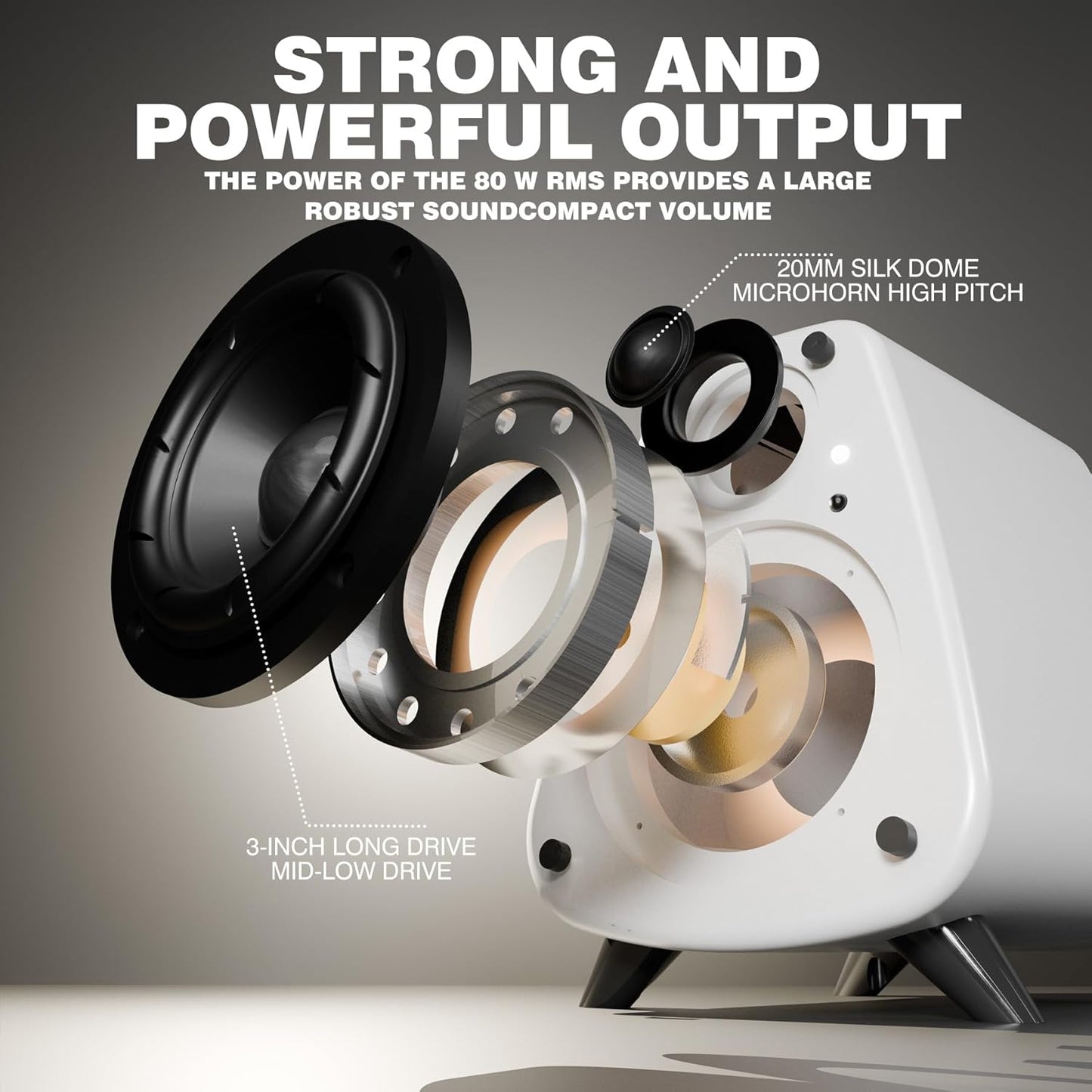 AS31 Active Bookshelf Speakers Bluetooth 5.3, 2-Way Stereo PC Desktop 80W RMS/3-inch Bass/Midrange/RCA and Fiber Optic Inputs, Wooden Compact High-Power Speakers - Matte Skin White