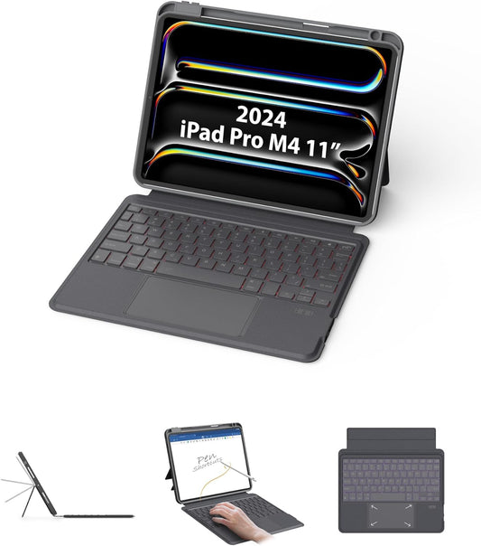 EIP Bluetooth Keyboard Case for iPad Pro 11 inch (M4) 2024, 11" Magnetic Detachable Cover with Trackpad, Patented Stylus Shortcuts, 7-Color Backlit Keys, Slim Protective Smart Case