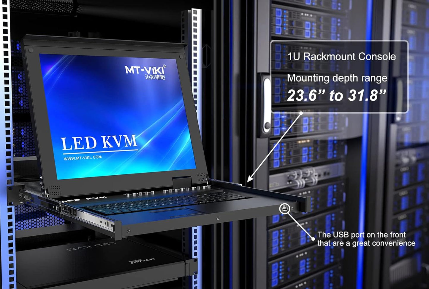 MT-VIKI Rack KVM Switch w/17'' LCD Monitor, 16 Port VGA KVM Switch with Keyboard Touchpad Monitor, Fit for 1U 19'' Rack, OSD/Hotkey/Button 【with 16 VGA KVM Cable】