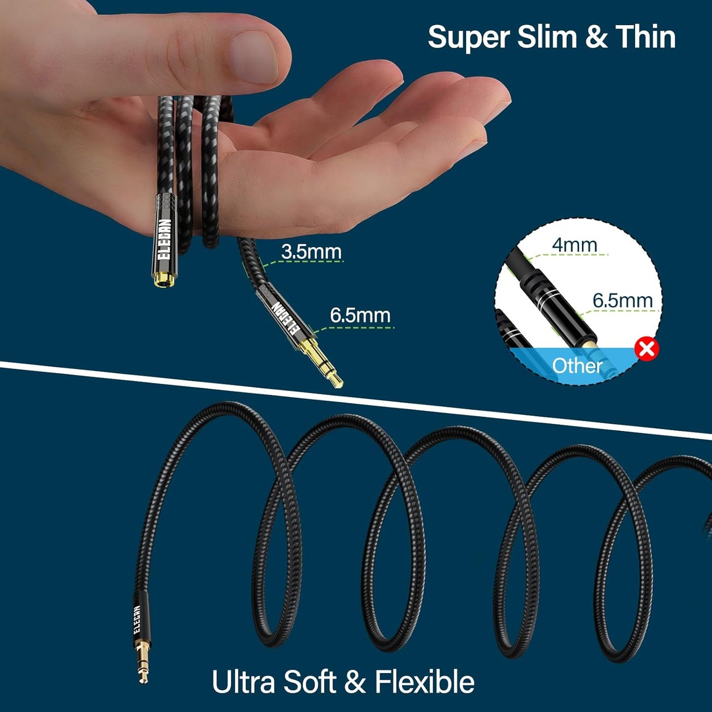 Elecan Headphone Extension Cable 3 Ft/2 Pack, 1/8 Inch 3.5 MM AUX Cord Wire Male to Female, Hi-Fi Sound Thin&Slim Braided TRS Stereo Audio Beats Cable Extender for Car,Home Stereos, Speaker,Phones