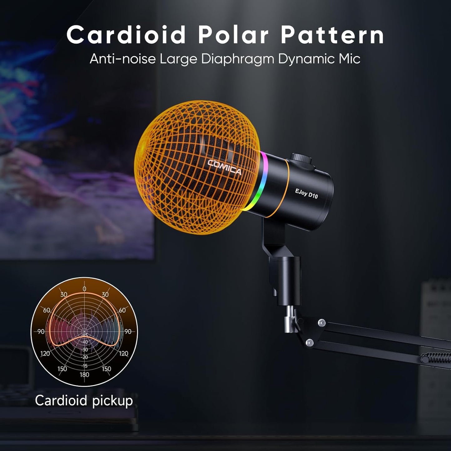 COMICA EJoy D10(A) USB Gaming Microphone – Boom Arm Mic with Noise Cancellation, XLR/USB-C, Real-Time Monitoring, Muting, RGB Professional Studio Mic for Gaming, Streaming, Podcast, Recording (Black)