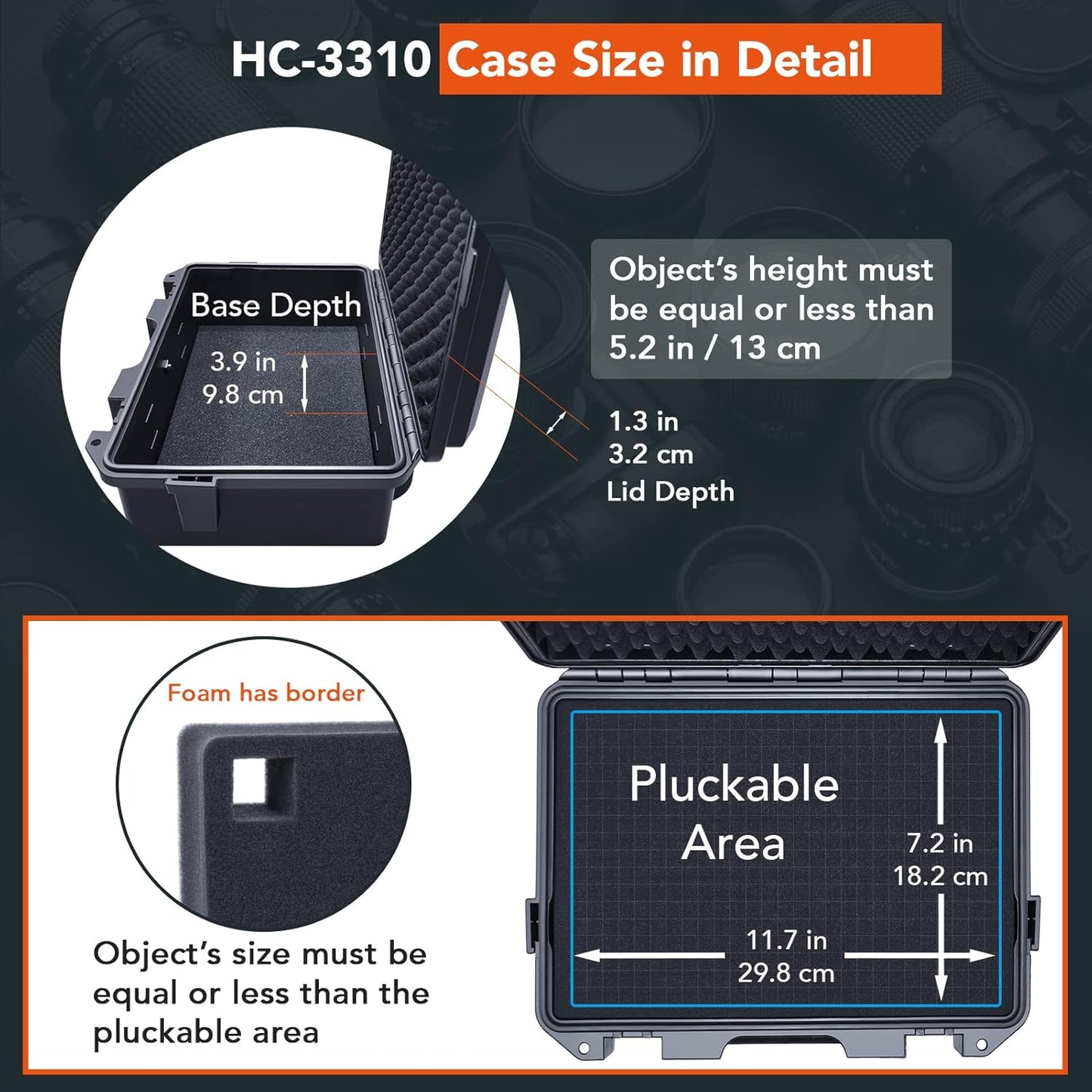 Lykus HC-3310 Waterproof Hard Case with Customizable Foam Insert, Interior Size 12.99x8.27x5.31 in, Suitable for pistol,camera,lens,drone,mic,flashlight,telescope,action cam,electronics,tools,and more