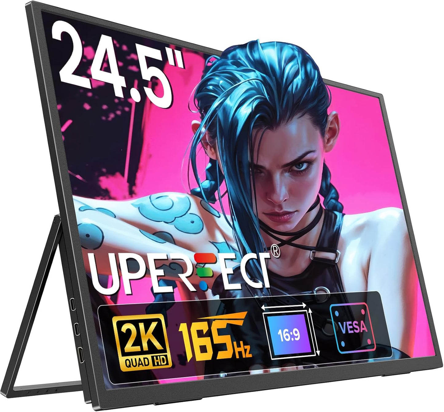 UPERFECT 24.5" Portable Gaming Monitor, 2K QHD 2560×1440, 165Hz USB-C, 144Hz HDMI, 1ms, FreeSync HDR IPS, Dual Speakers, VESA Mount, Adjustable Stand, Travel Second Screen for Laptop/MacBook/Switch