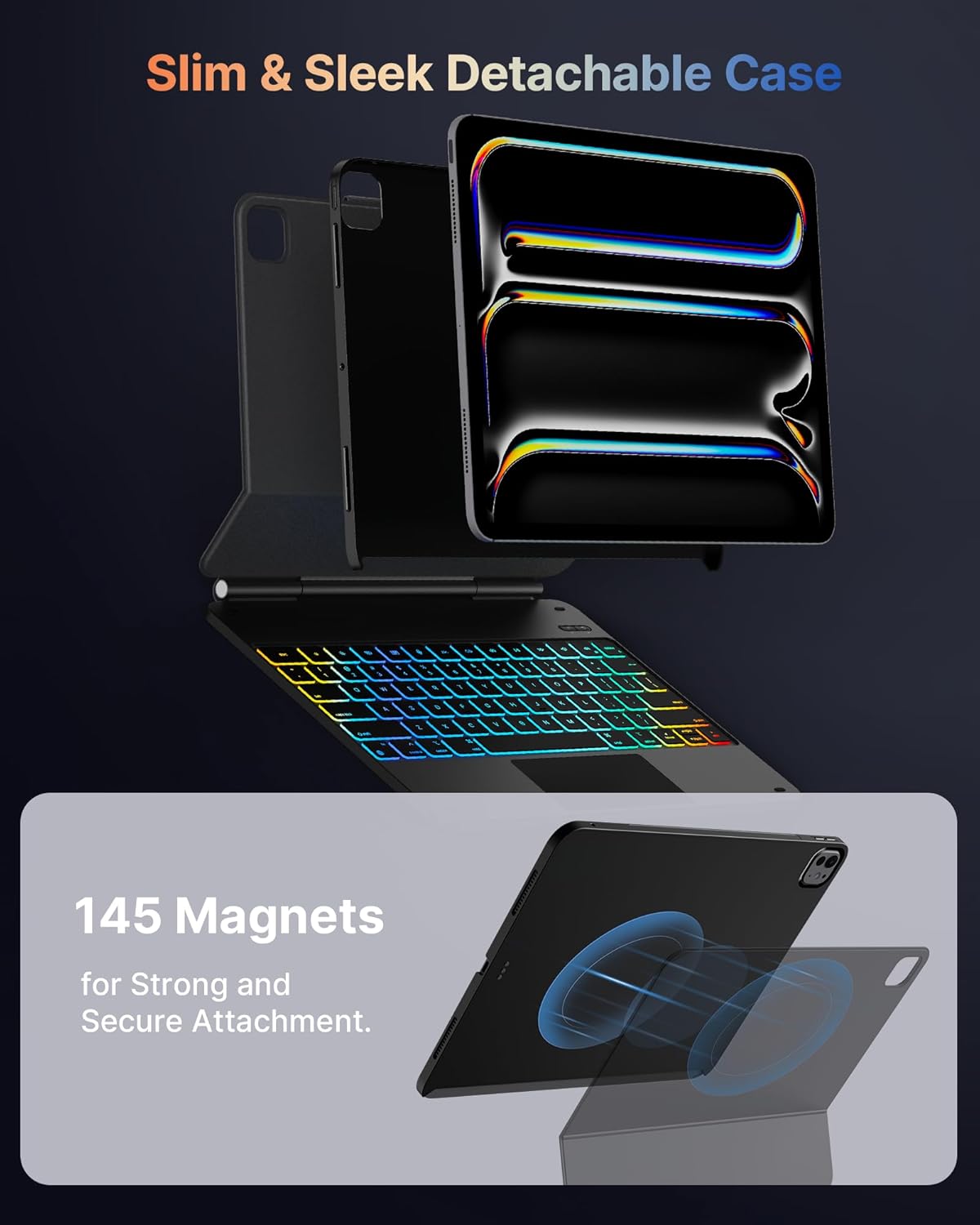 typecase Edge+ Keyboard Case for 2024 iPad Pro 13-inch (M4), Ultra-Slim Detachable Protective Case, Portrait & Typing Modes, Built-in Trackpad, 11-Color Backlight, Magnetic Stand, Pencil Holder, Black