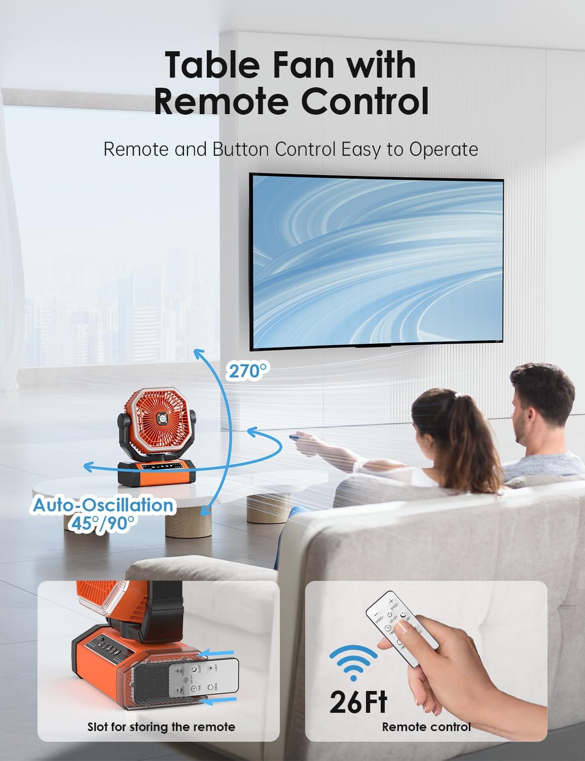 Battery Powered 9-Inch Rechargeable Portable Fan - 10000mAh(30Hrs) Auto Oscillation, Tent Fan with Remote/light, 4 Speeds, 4 Timing, Outdoor