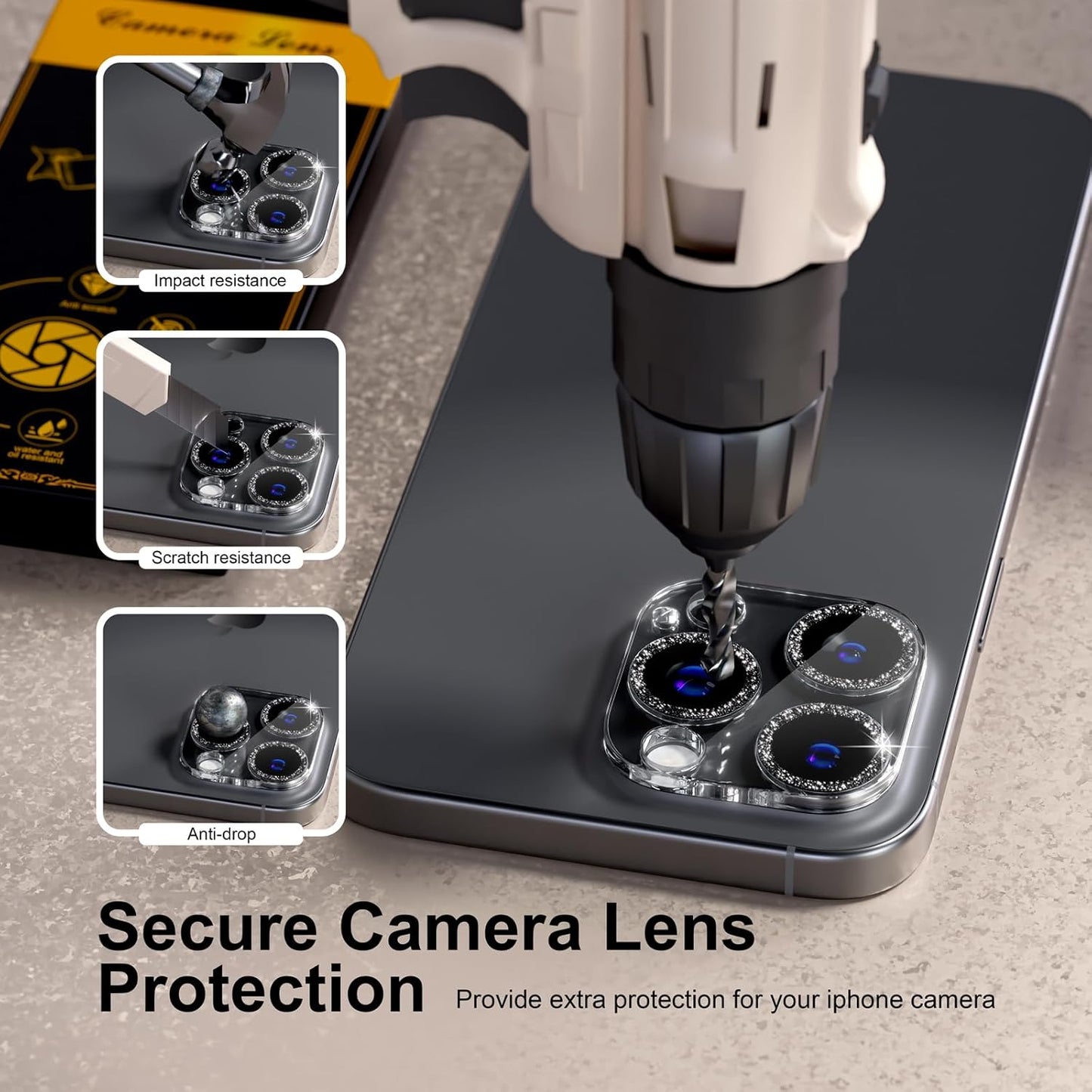 beuxece for 6 Pack iPhone 15 Pro/iPhone 15 Pro Max Camera Lens Protector [Drop Protection] [Case Friendly] [Easy Installation] 9H Tempered Glass Camera Screen Protector Cover, Glitter Black