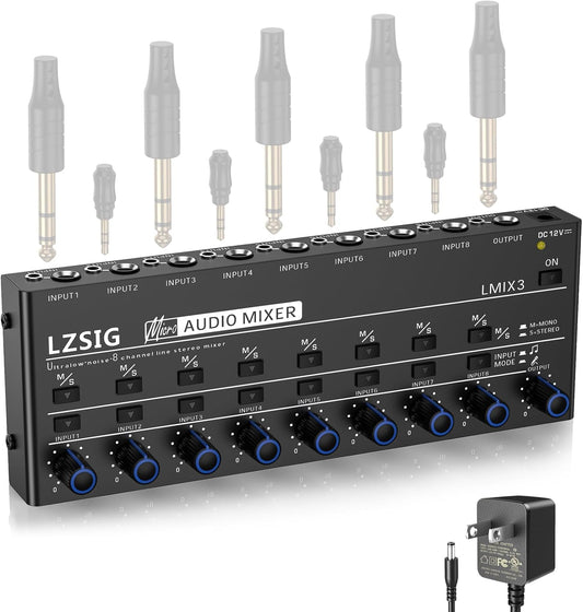 LZSIG Audio Mixer, Stereo Line Mixer for Sub-Mixing, Ultra Low-Noise, 8-Channel, Dynamic Microphone Independent Control, 1/4" & 1/8" TRS Output and Input, for Guitars,Bass,Keyboards