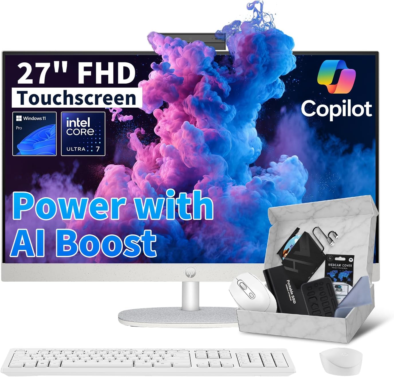 HP 27" All-in-One Desktop Computer - FHD Touchscreen | Intel Ultra 7‑155U | AI‑Enhanced Display, Facial Login | Privacy Pop‑Up Camera | Win 11 Pro, w/Accessories | 64GB DDR5 + 4TB SSD