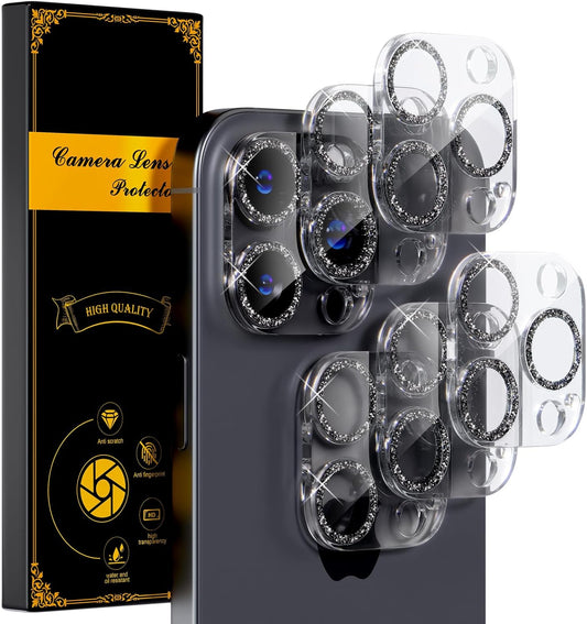 beuxece for 6 Pack iPhone 15 Pro/iPhone 15 Pro Max Camera Lens Protector [Drop Protection] [Case Friendly] [Easy Installation] 9H Tempered Glass Camera Screen Protector Cover, Glitter Black