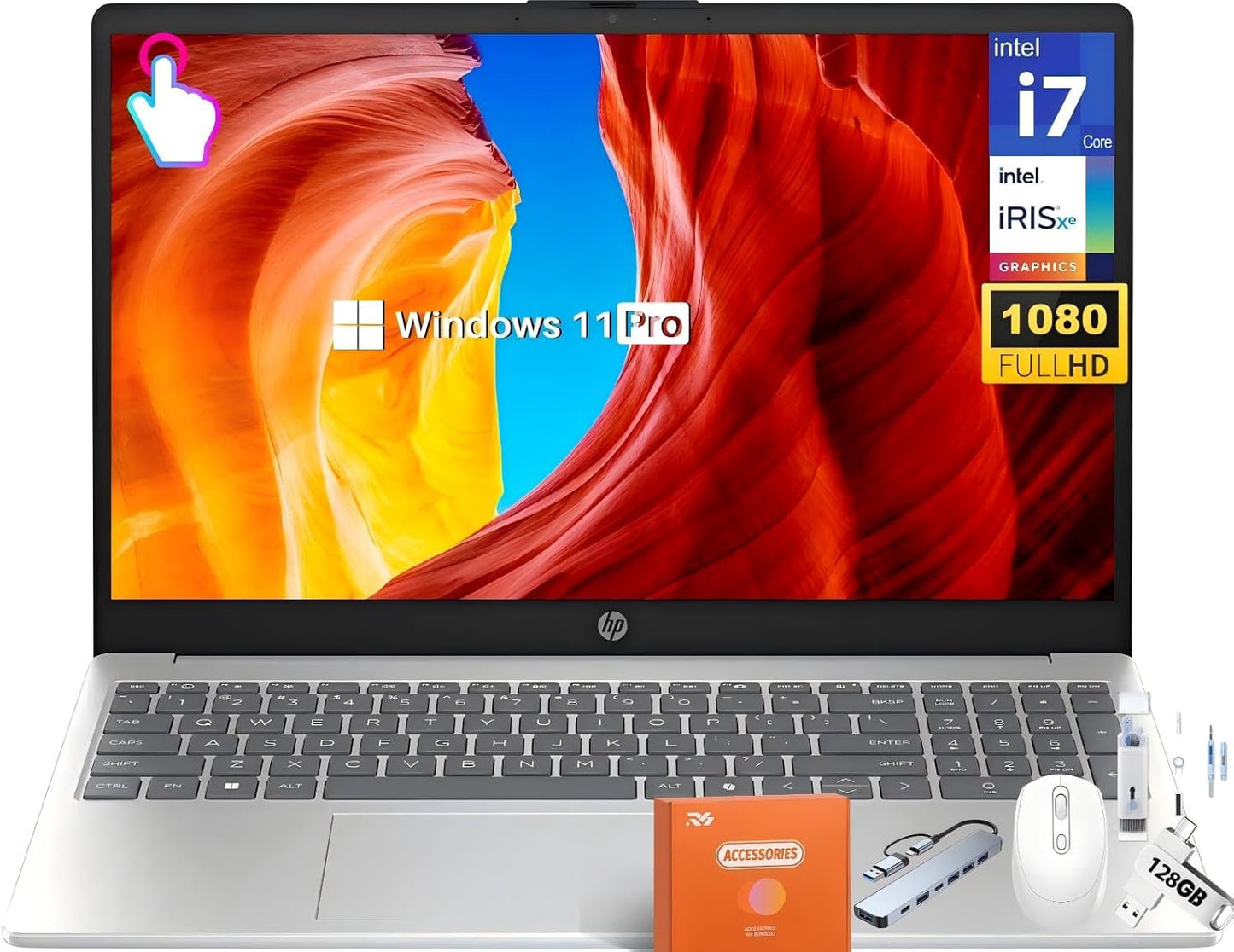HP 15.6 Touchscreen Laptop Computer for Business, Intel 13th Gen i7-1355U(Up to 5.0 GHz), 15.6" FHD Touch Screen, 32 GB RAM, 1 TB SSD, Iris Xe GPU, Wi-Fi 6, HD Webcam, Windows 11 Pro, w/Accessories