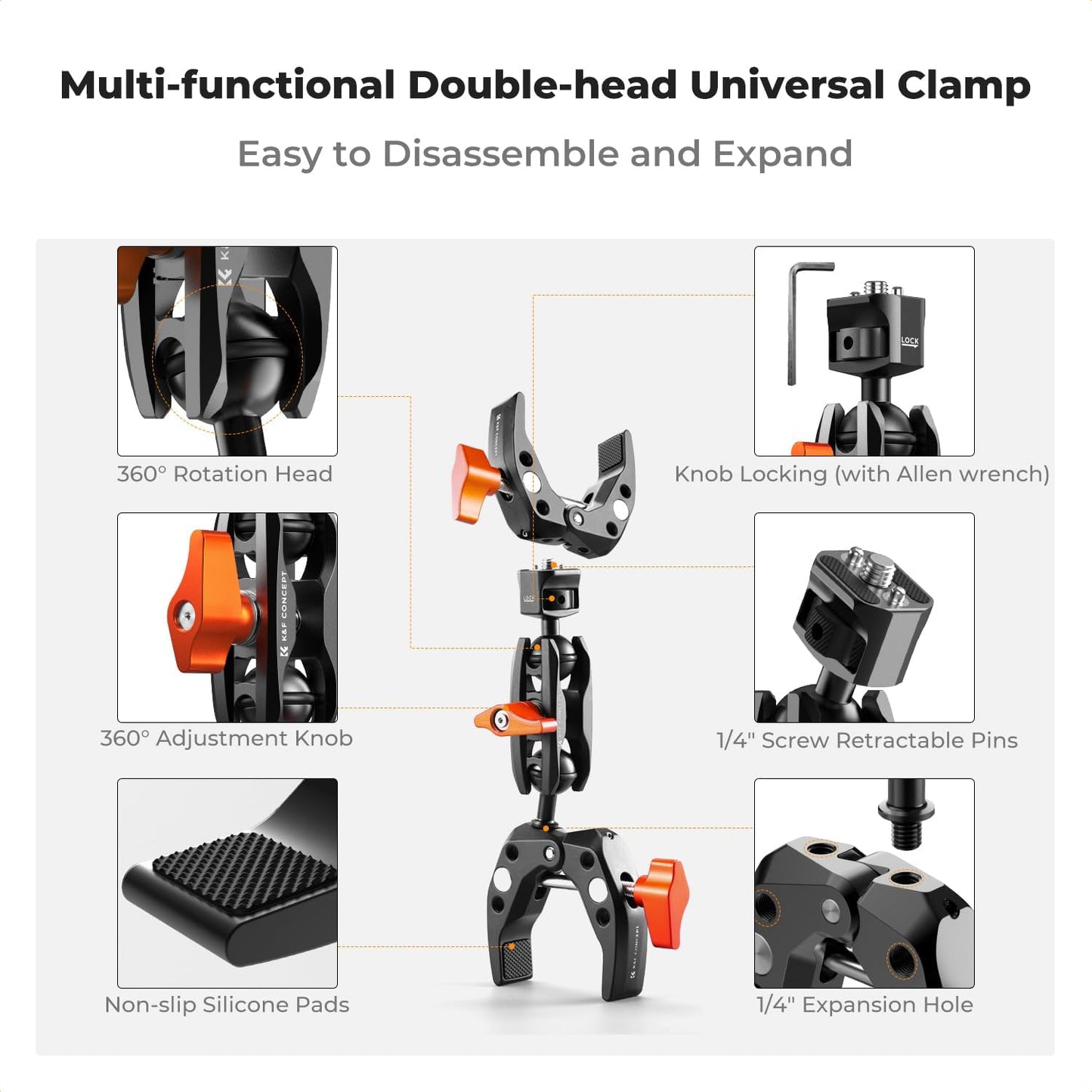 K&F CONCEPT Double Super Clamp Camera Mount with 1/4" Threads Metal Clamp for Chair, Pole, Tripod, Desk, Flag, Umbrella, Motorcycle Mount