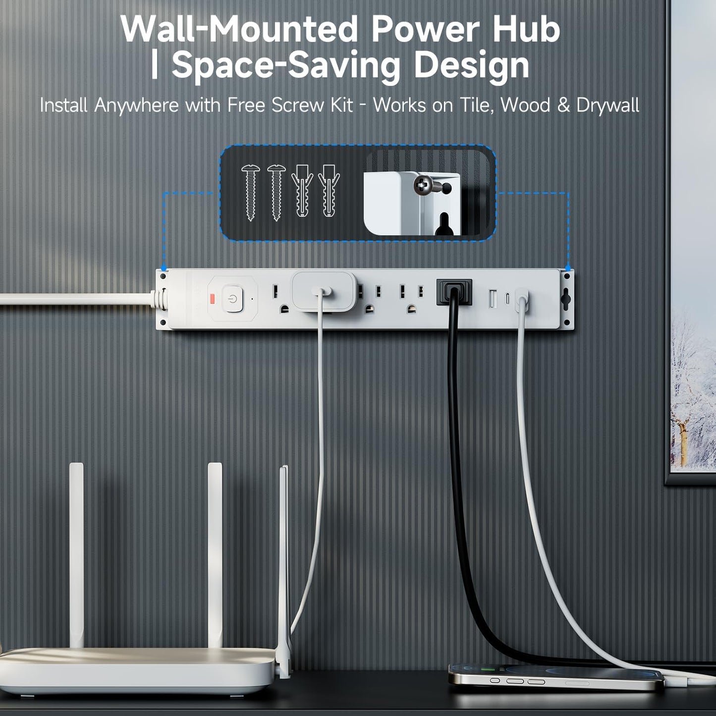 15 Ft Power Strip Surge Protector with USB Ports, Flat Plug Extension Cord, 5 AC Outlets and 3 USB Charging Ports, Wall Mountable, ETL Listed – White for Home, Office, Dorm