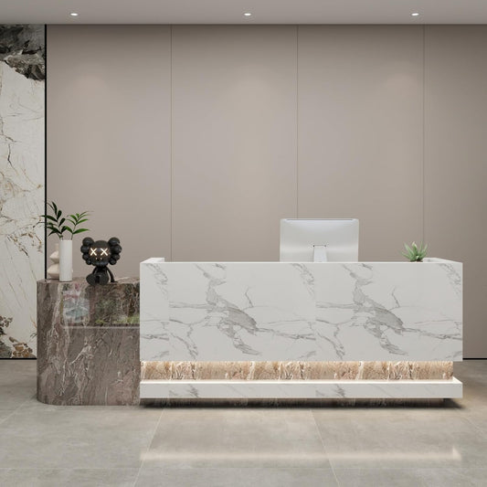 Front Desk Reception Counter - Lockable Storage & Keyboard Tray | Reception Desk with Counter, Customizable Large Counter Table (Grey+White, 88'')