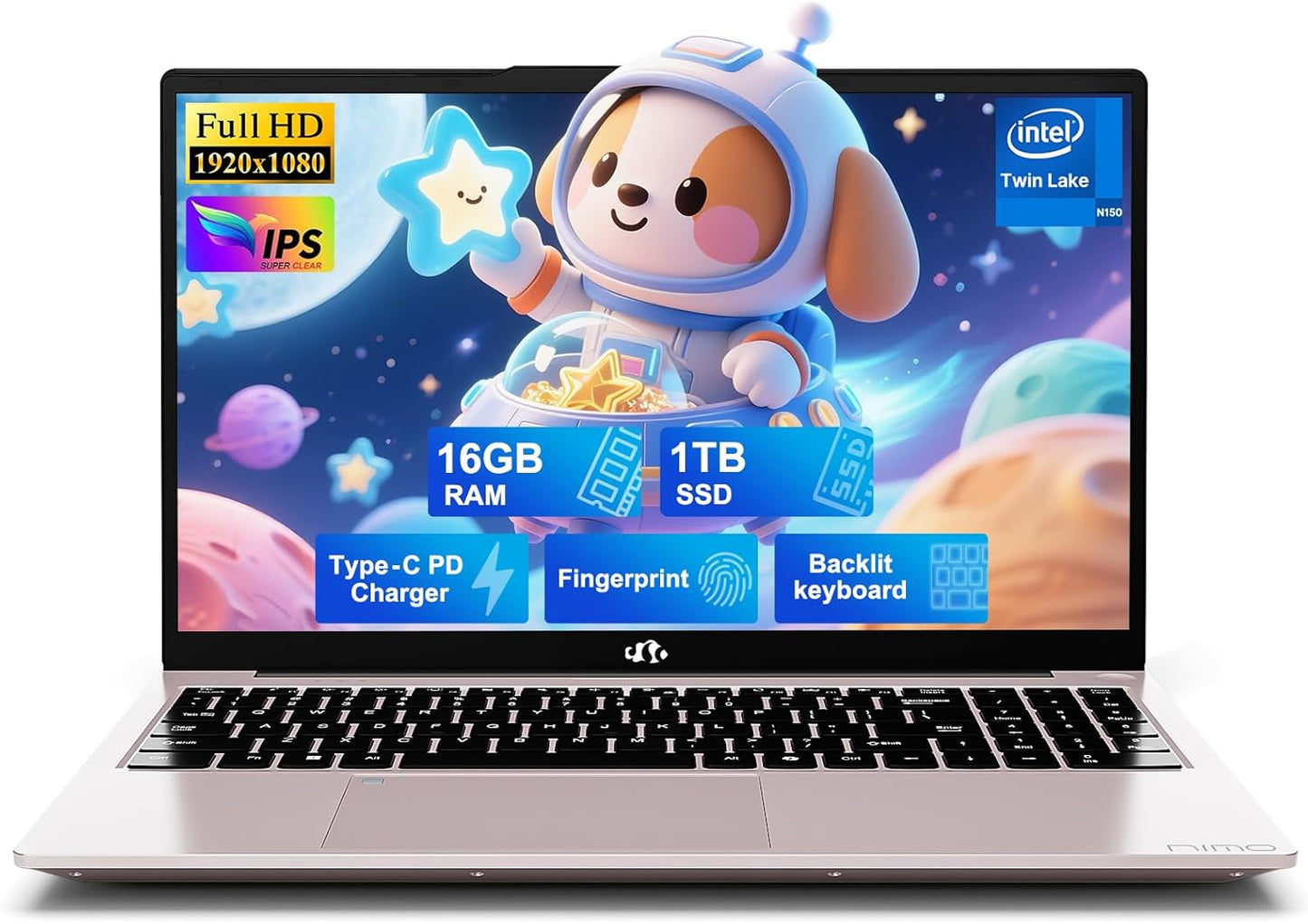 NIMO 15.6" FHD IPS Laptop, Intel N150 (Up to 3.6GHz, Beat i3-10110U), 16GB RAM 1TB SSD, Backlit Keyboard Fingerprint, Wi-Fi 6 BT5.2 Type-C 65W Computer for Students and Home Office