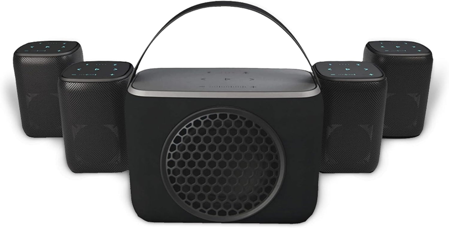 Rocksteady Stadium 2: Four Speakers and One Subwoofer Bundle - Immersive, connectible, and up to 150 ft of Range. Up to 30 Hours of Battery Life.