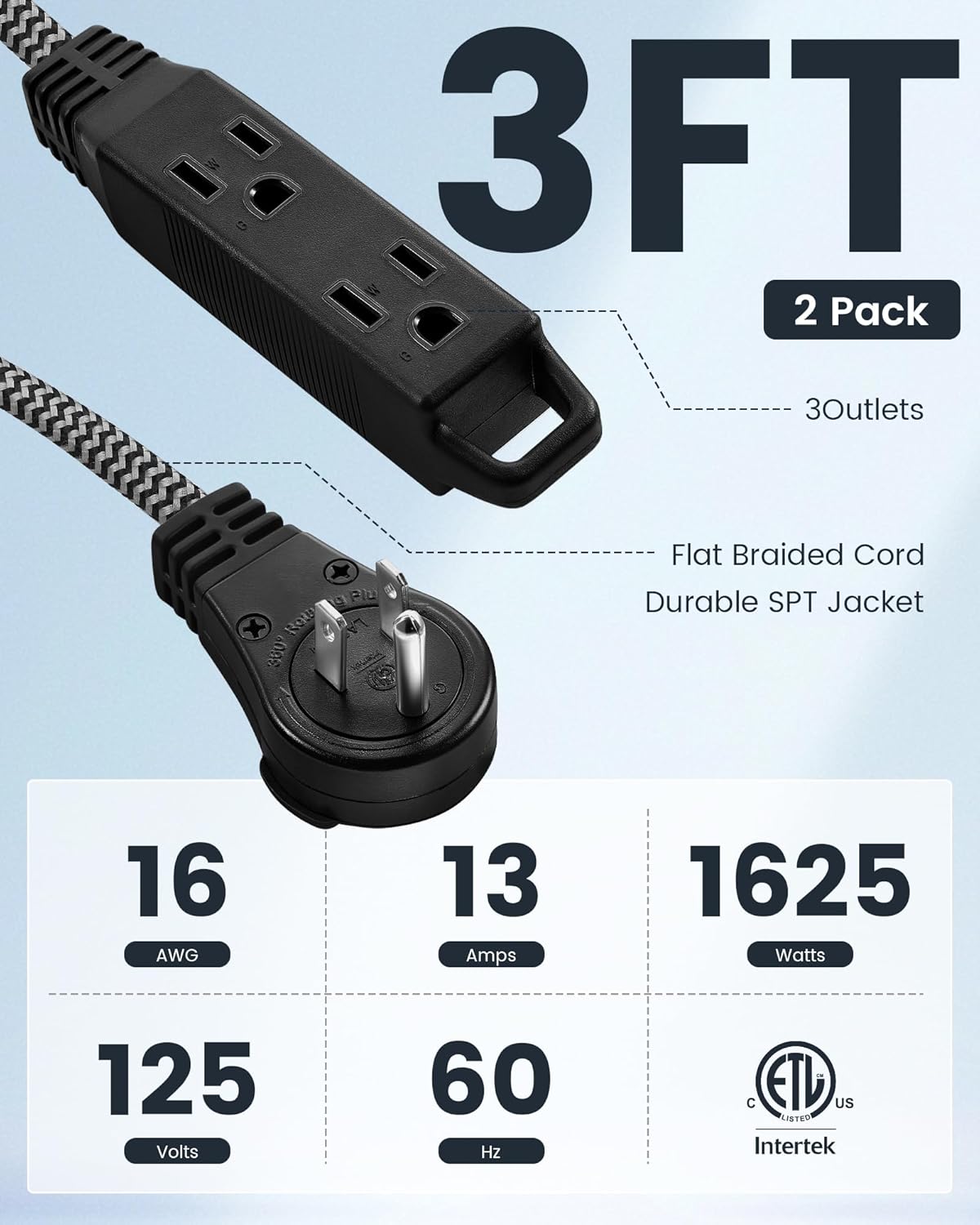 SURAIELEC 2 Pack Flat Extension Cord 3FT, 360° Rotating Plug, Braided Flat Plug with 3 Outlets, 16 AWG Thin Black Extension Cord for Indoor Use, Home, Office, Compact Spaces, ETL Listed