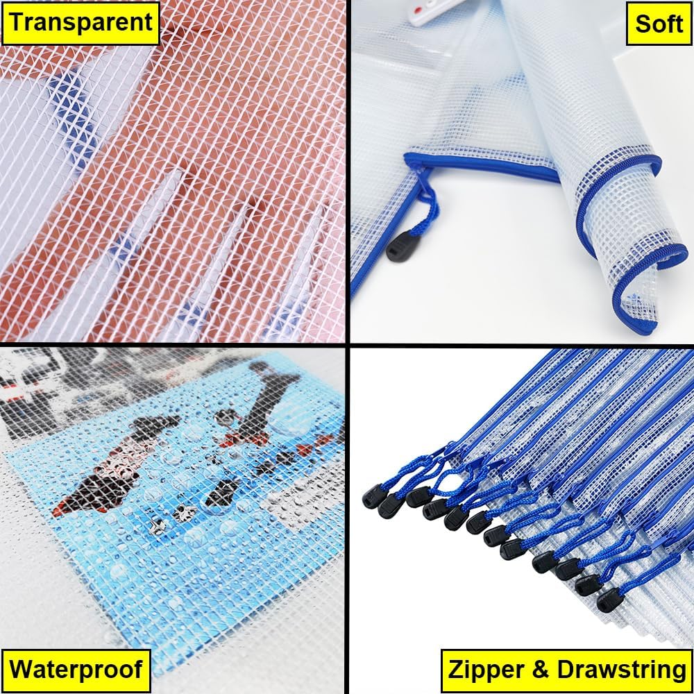 AUSTARK 10 Pcs Zipper File Bags, Waterproof Plastic Mesh Pouch for Office School, Board Game Storage Bags (B6 Size 7.6''x5.3'', White and Blue)