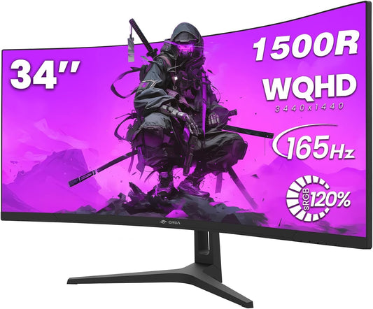 CRUA 34 Inch Curved Gaming Monitor, 21:9 WQHD 3440x1440 165Hz/144Hz 1500R Ultrawide Computer Monitor Support Freesync, PIP/PBP, 120% sRGB, HDMI 2.0 & DP 1.4, Wall Mountable/Tilt Adjustable-Black