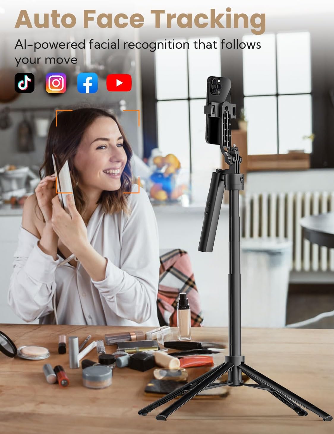 Auto Face Tracking Tripod for iPhone 360°Rotation,Selfie Stick for Android w/Remote&Ground Spike,68” Phone Tripod Stand That Follows Your Movement for Video Recording,Vlogging(R01)