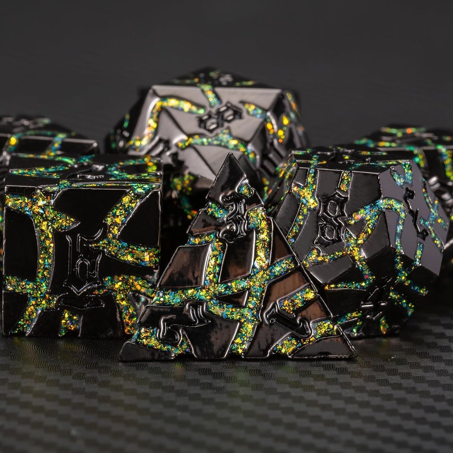7PCS DND Dice Set,Metalli Crack Stripe Dice Set with Gift BOC,Dungeons and Dragons Polyhedral Metal Dice for RPG Board Games (Black Nickel Yellow)