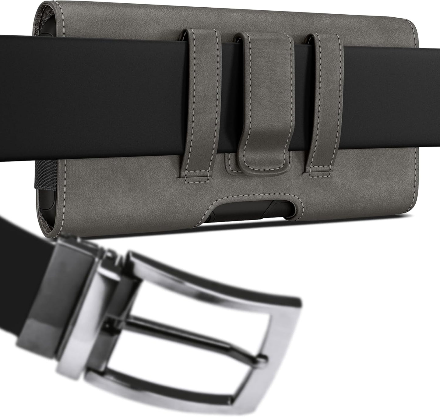 PiTau Holster for iPhone 16 & Pro 16e 15 15pro 14 14pro 13 13pro 12 12pro 11 11pro XR XS X, Samsung Galaxy S25 S24 S23 S22 S21 S20, Cell Phone Belt Holder Clip Case, Men's ID Card Pouch, Pewter Medium