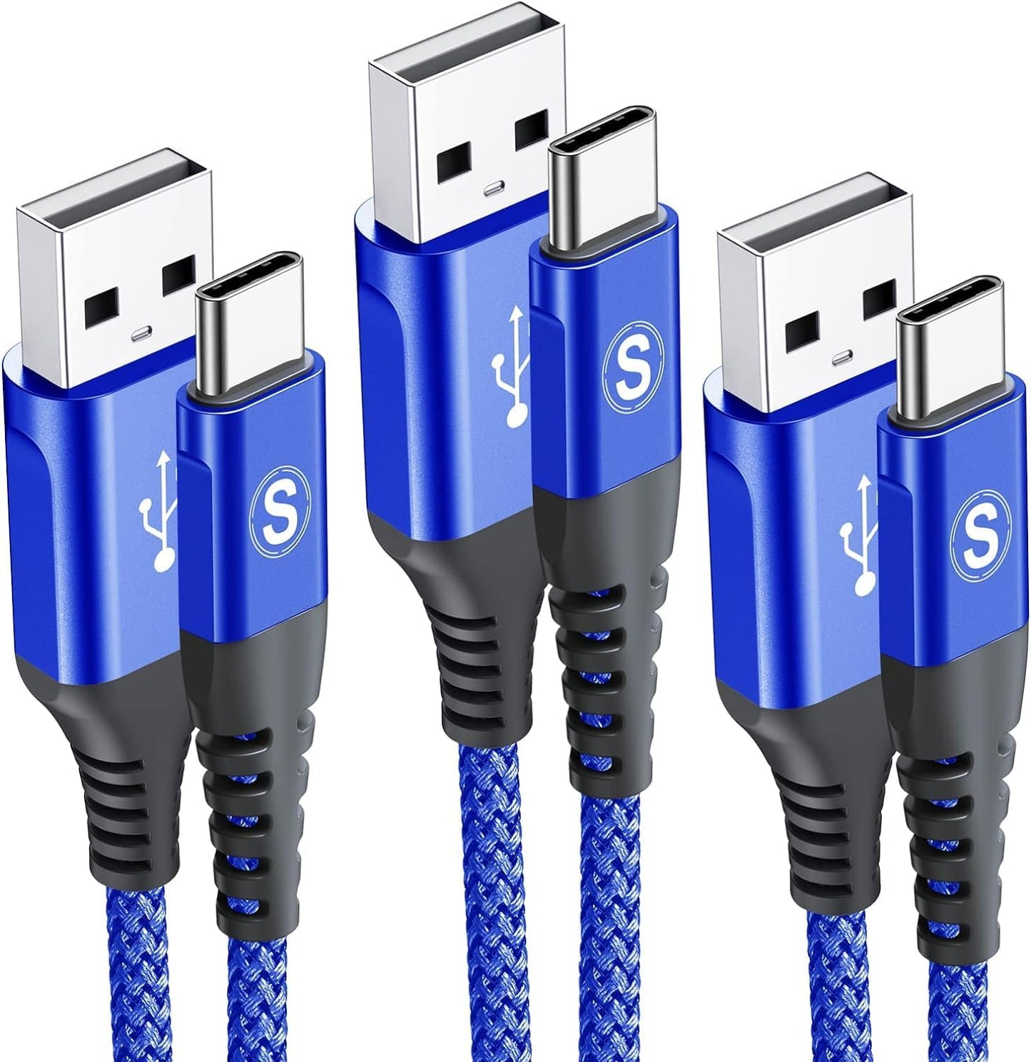 sweguard USB Type C Charger Cable [3-Pack,10ft+6.6ft+3.3ft] iPhone 15 Charger Nylon Braided Cord for iPhone 15 Pro Max Samsung Galaxy S23 S22 S21 S20 S10 Note 20 10 Flip A53 A54 Pixel LG Moto PS5-Blue