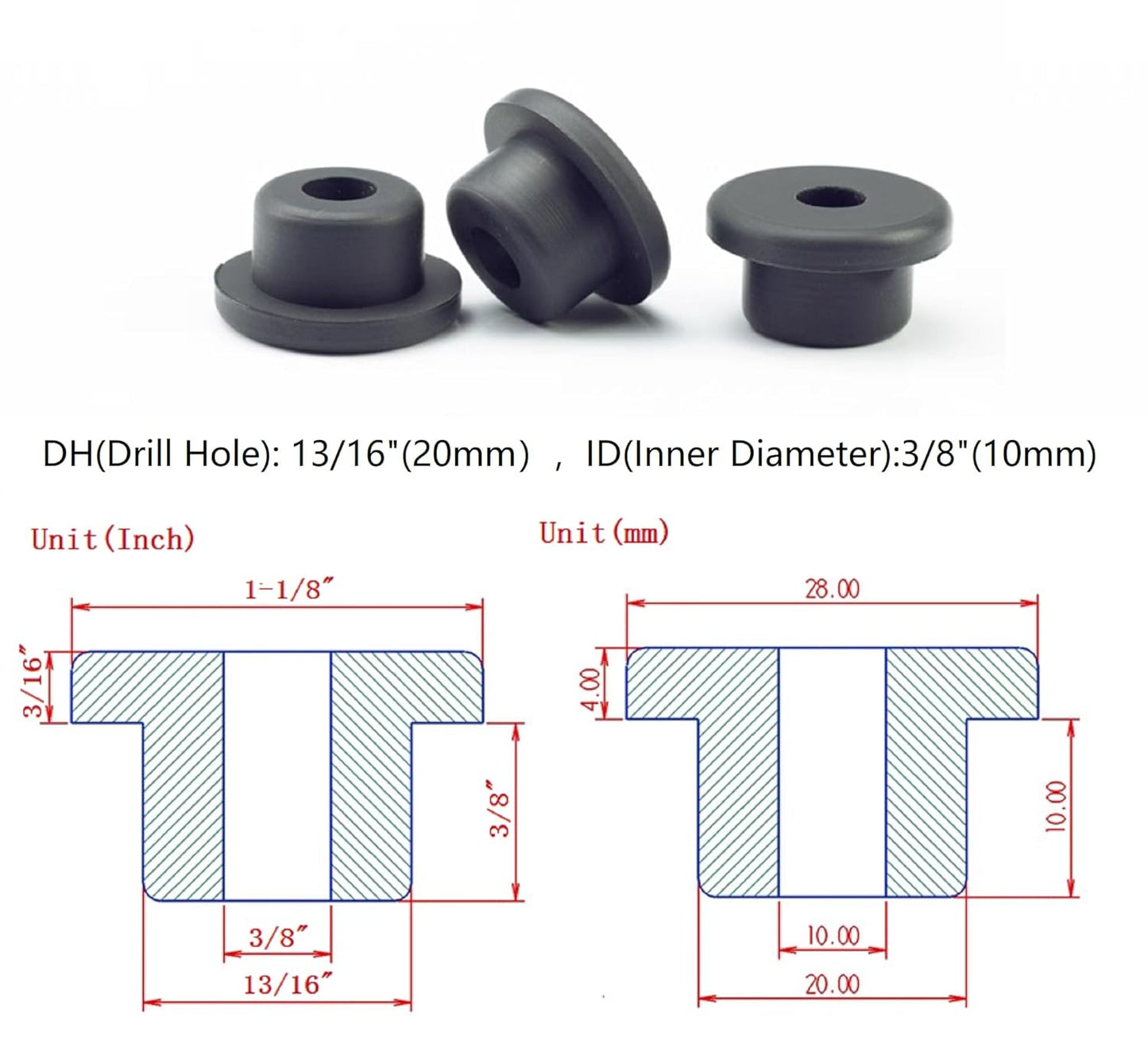 10 pcs 13/16" Drill Hole，3/8" ID Black Silicone Top hat Rubber Grommets for Wiring，Automotive，Firewall，Hole Plug，Desk，Screw，Water and Gas Pipe，Drain，House Siding，Cable Bushing，Glass，Wire Plug
