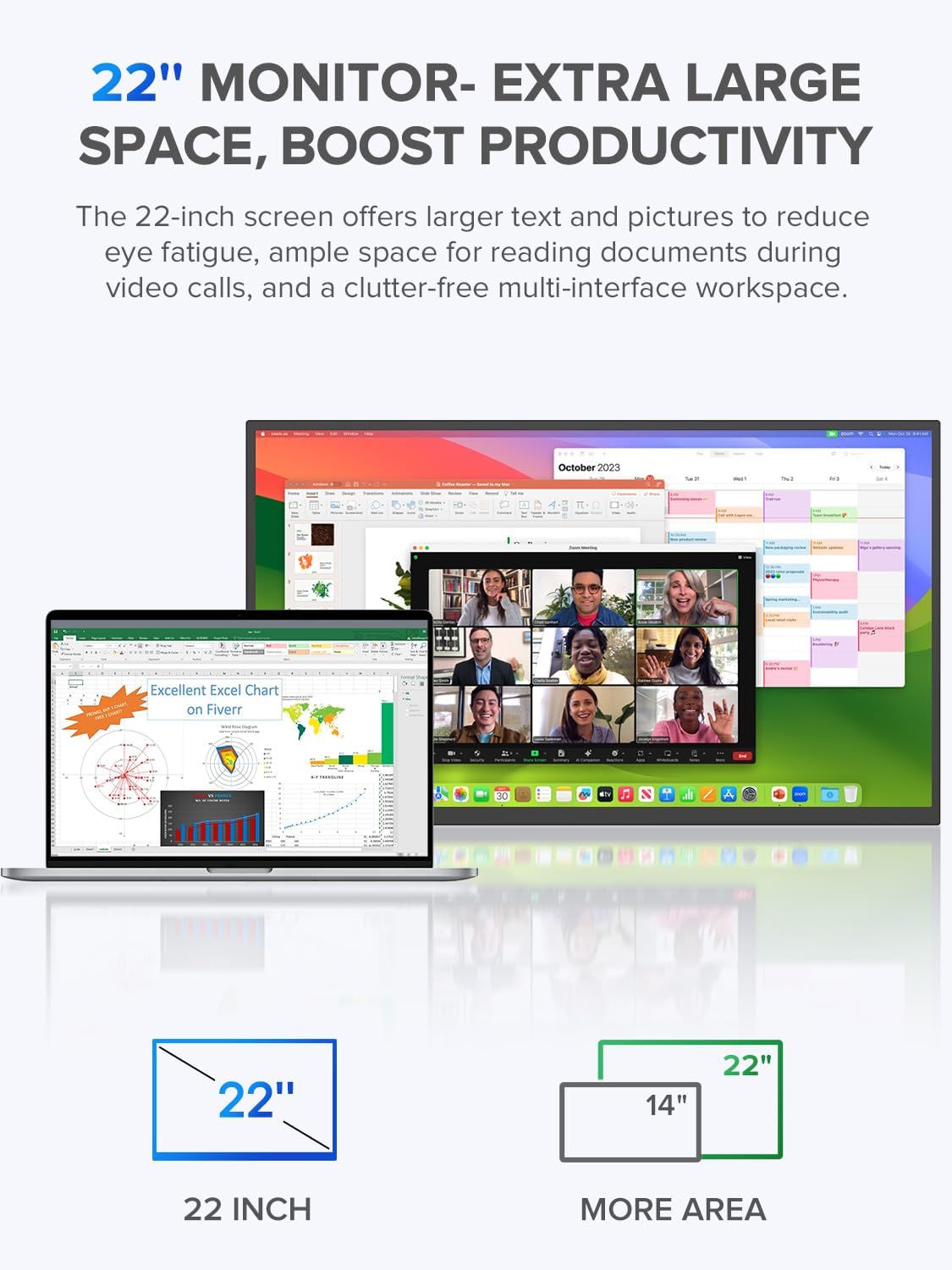 UPERFECT 22" QLED 2K Portable Monitor w/VESA & 180° Adjustable Stand, 2560×1440 QHD FreeSync IPS HDR Gaming Display, USB-C HDMI Travel Second Monitor for Laptop, Switch, Phone