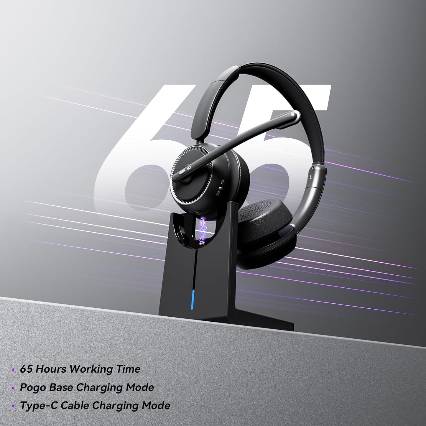 Wireless Headset with Mic for Work, Bluetooth Headset with Mic (AI Noise Canceling & Mic Mute), Wireless Headphones with USB Dongle & Charging Base for Work/Home/Call Center/PC/Computer/Zoom/Teams