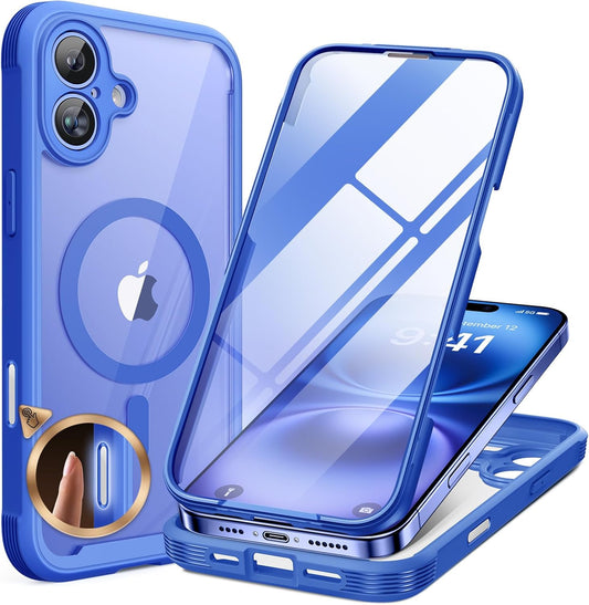 Miracase for iPhone 16 Case 6.1'', [Bubble Free] Full-Body Bumper Phone case with Built-in Full Glass Screen &Lens Protector,No Gap,Compatible with MagSafe,Drop Proof 16 Cover,Blue
