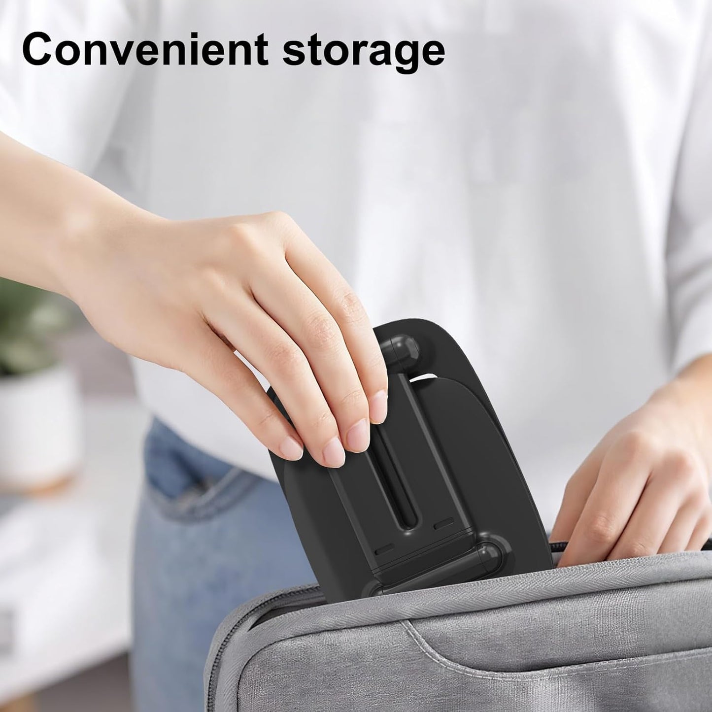 DEERLAMN Cell Phone Stand for Desk, Height Adjustable Cell Phone Holder Portable Desktop Stand, Travel Home Office Desk Accessories Compatible with iPhone 16/15/14/13/12/11 All Smartphone - Black