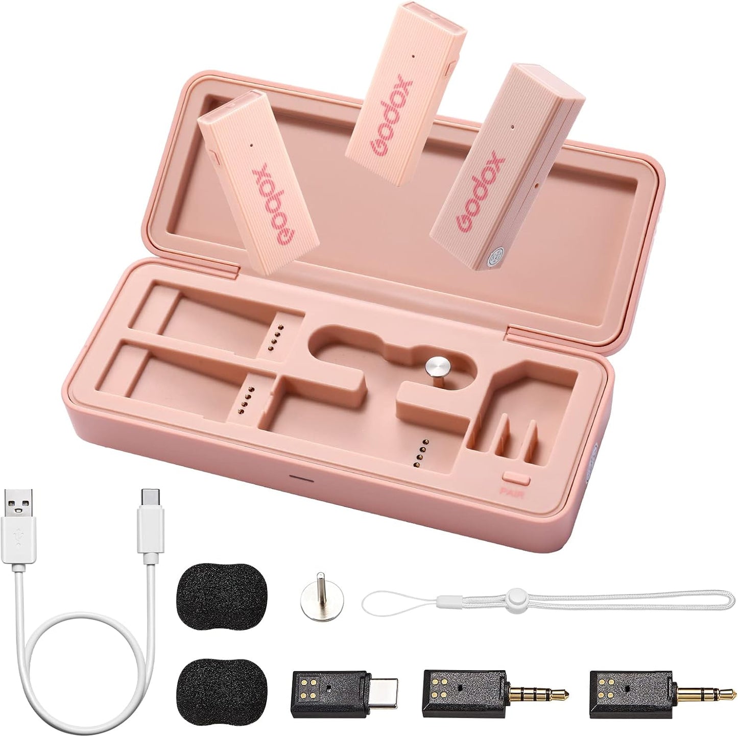 GODOX 【2025 Latest Model】 Movelink Mini UC KIT 1 Wireless Microphone System, 2.4GHz Lavalier Mic 100m(328ft.) Range with Charging Case for Android, Camera, Vlogger, Youtuber, Interviewer(Pink)