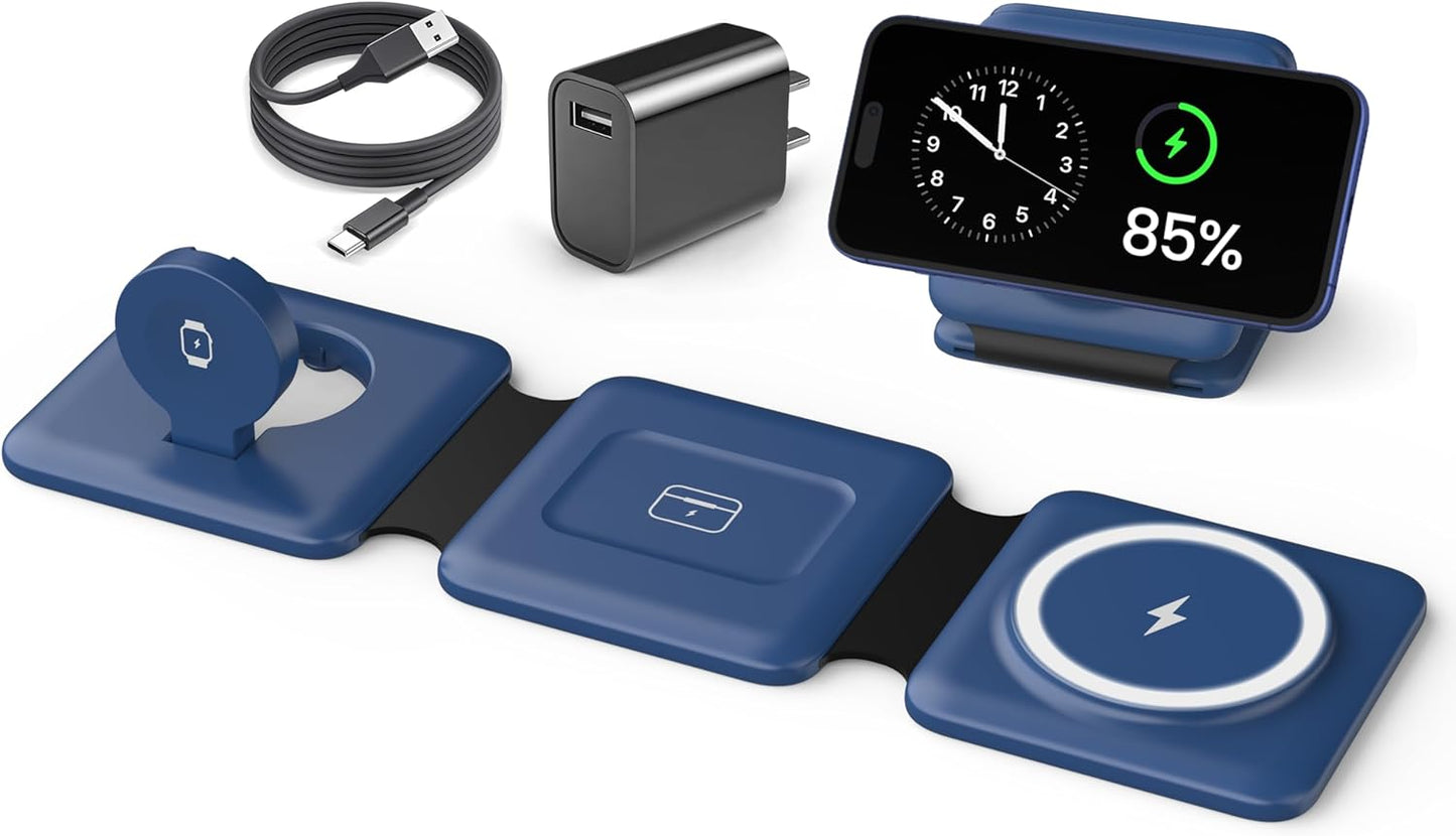 Charging Station for Apple Devices - 3 in 1 Magnetic Foldable Wireless Charger Dock - Travel Charging Pad for MagSafe iPhone 16 15 14 13 12 Pro Max Plus Watch & Airpods