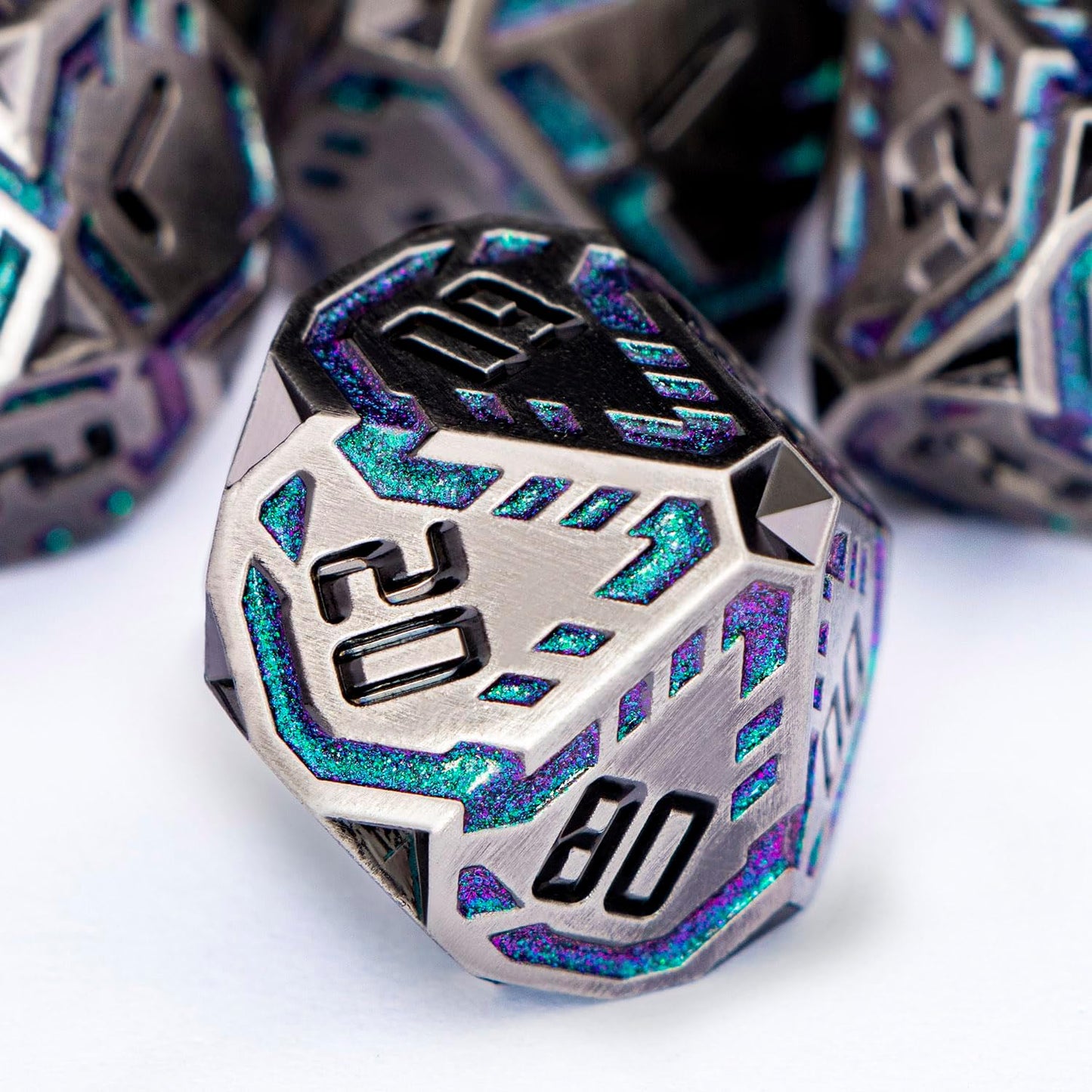 Metal DND Sci-fi Dice Set 7PCS Stripe Polyhedral Dice for Dungeons Dragons RPG Role Playing Game, Glitter D and D Dice with Gift Box D6 D8 D10 D12 D20 (Grey&Purple Green)