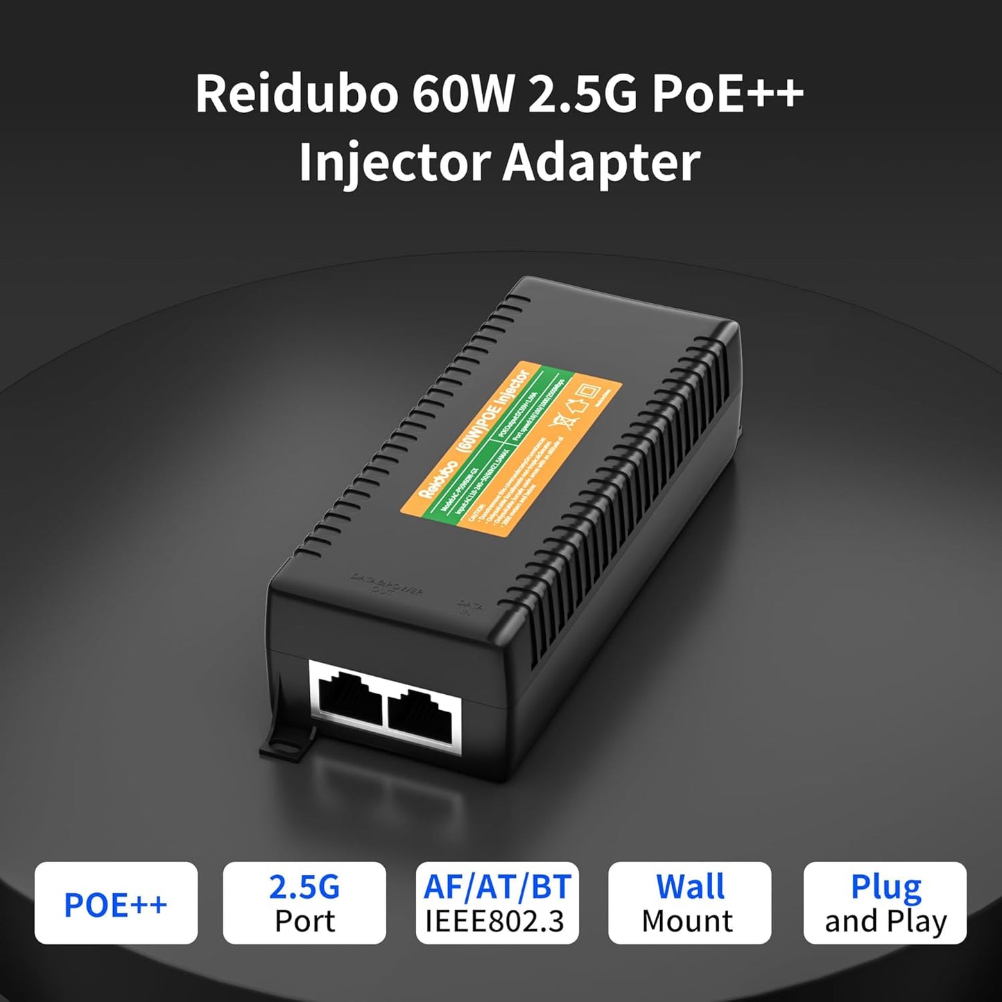 2.5Gb PoE Injector Adapter 60W, IEEE 802.3bt/at/af Compliant, Converts Non-PoE to PoE Network, 100/1000/2500Mbps RJ45, Up to 328 ft, Plug & Play (60W)