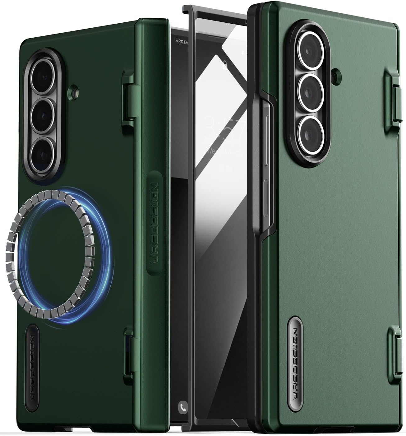 VRS DESIGN Terra Guard Modern for Galaxy Z Fold 7 (2025) – Magnetic Phone Case with Built-in Screen Protector, Rugged Dual Layer Protection & Spring-Loaded Hinge Cover (Metallic Green)