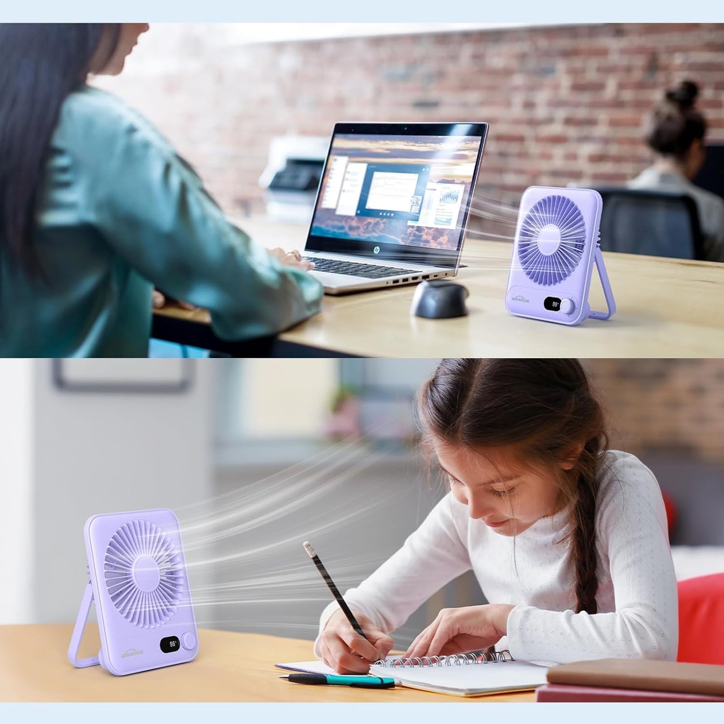 WHATOOK Small Desk Fan Personal Fans: 5000mah 25 Hours Battery Office Quiet Mini Desktop Fan Portable Rechargeable Travel Essentials (Purple, 5000)