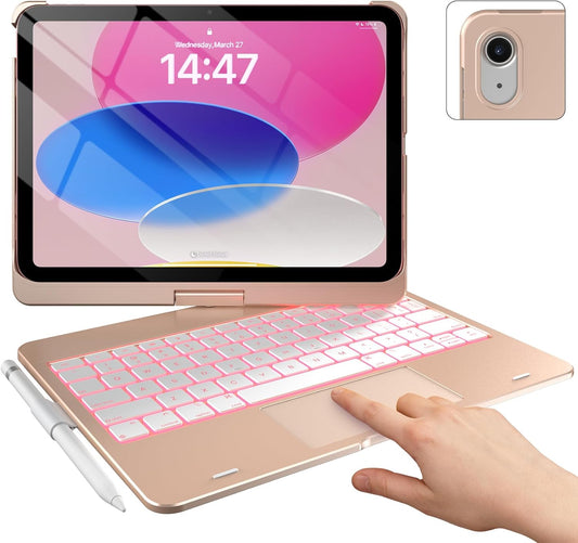 typecase Touch iPad 10th Generation Case with Keyboard (10.9", 2022) and iPad A16 (11th Gen, 2025) – 360° Rotatable, 11-Color Backlit, Multi-Touch Trackpad, Thin & Light (Rose Gold)