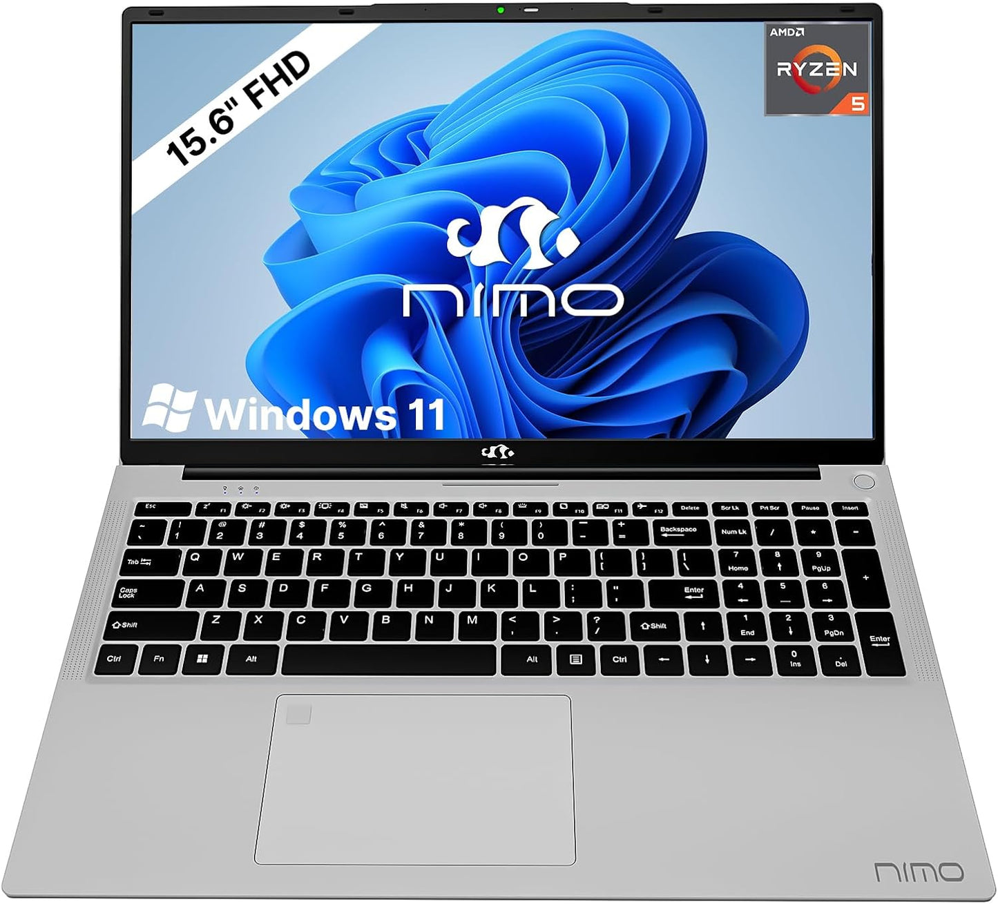 NIMO 15.6 inch Laptop FHD, AMD Ryzen 5 3500U, 8 GB RAM, 256 GB SSD, Windows 11, Backlit Keyboard, Fingerprint Reader, 65W PD, Lightweight Computer for Work and Homeschooling, Classic Silver