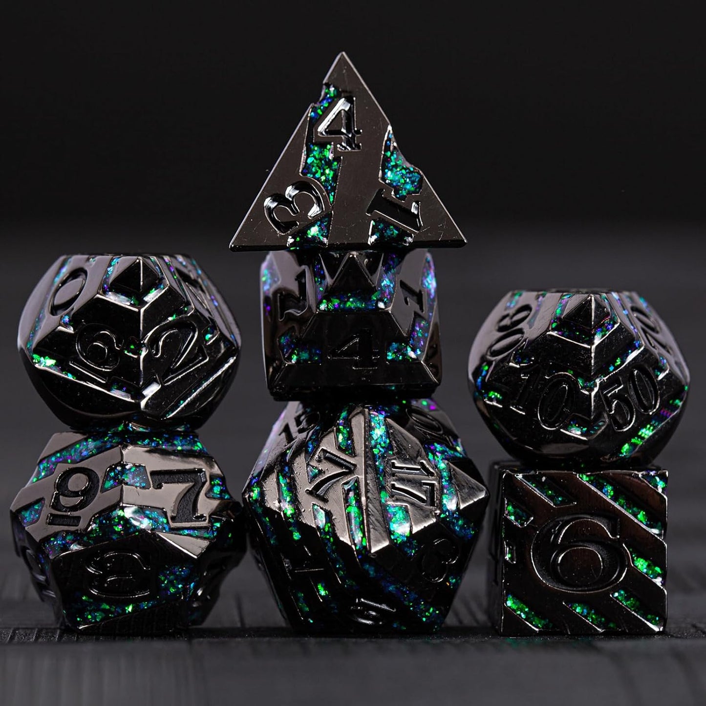 Metal Stripe Dice,Solid Metallic Glitter Stripes DND Dice with Gift Metal Box for Dungeons and Dragons Tabletop Game (Black Nickel Dark Green)