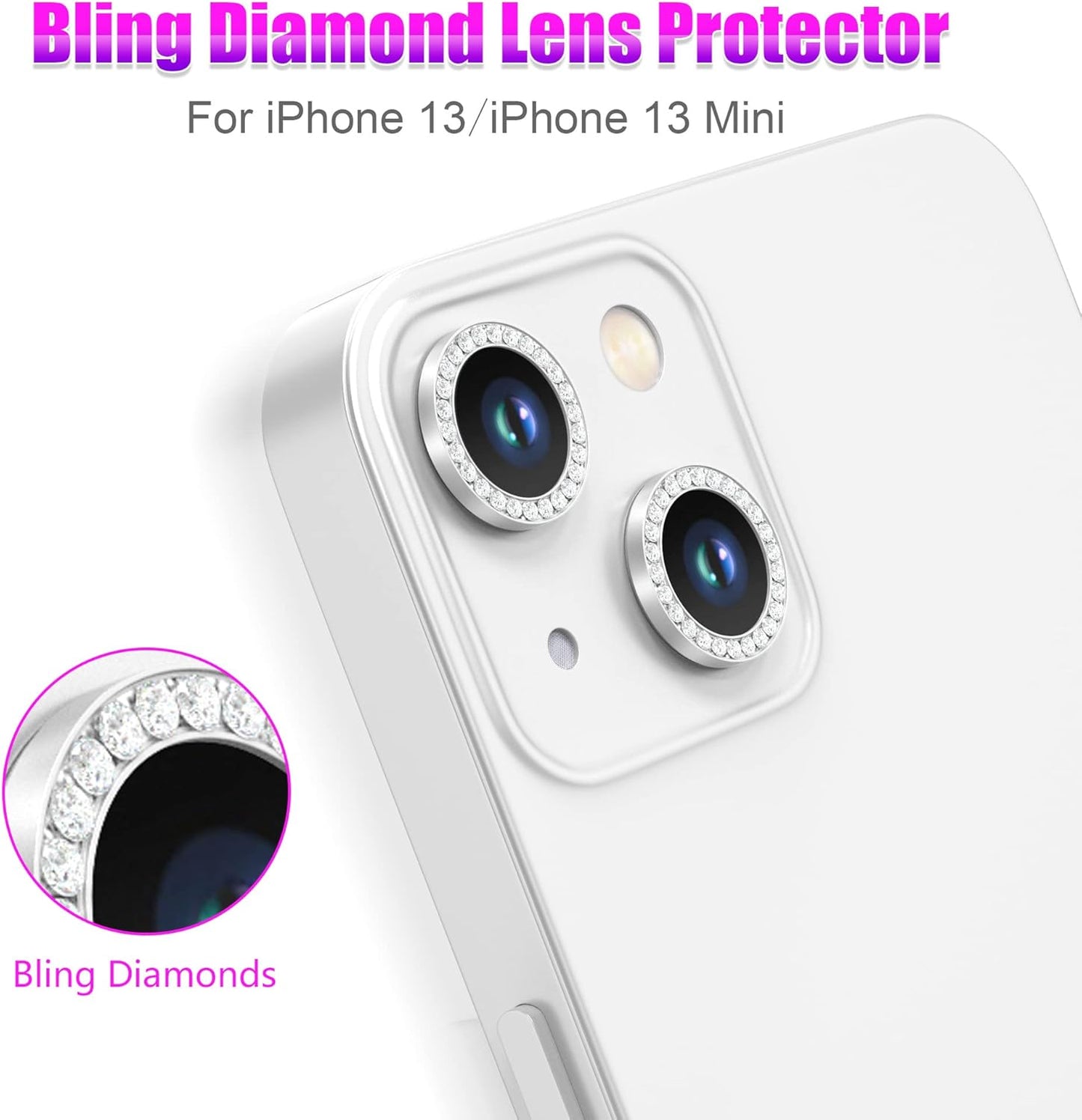 AGVEE 3+3 6 Pack for iPhone 13 6.1 inch / 13 Mini 5.4 inch Camera Lens Protector, Bling Diamond & Bling Glitter Metal Ring 9H Tempered HD Glass Camera Protector Cover Film, Bling-Silver