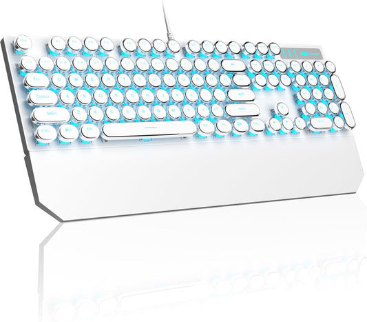 MageGee Typewriter Mechanical Gaming Keyboard, Retro Punk White Round Keycaps, 104 Keys LED Blue Backlit Wired Keyboards for Laptop MAC PC Gamer, with Magnetic Wrist Rest, Blue Switch