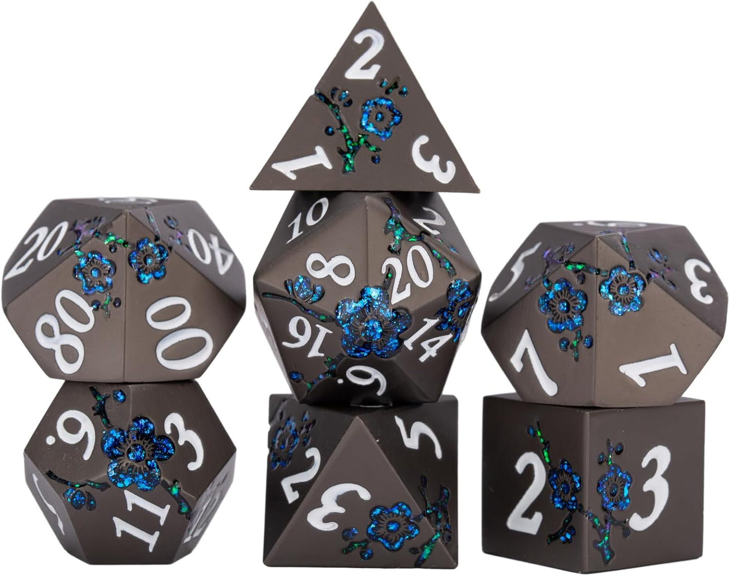 Metallic Glitter Flowe Dice Set,7pcs DND Polyhedral Dice Set with Gift Box,Metal Polyhedral RPG Dice for Table Game(Pearl Gun-Blue)
