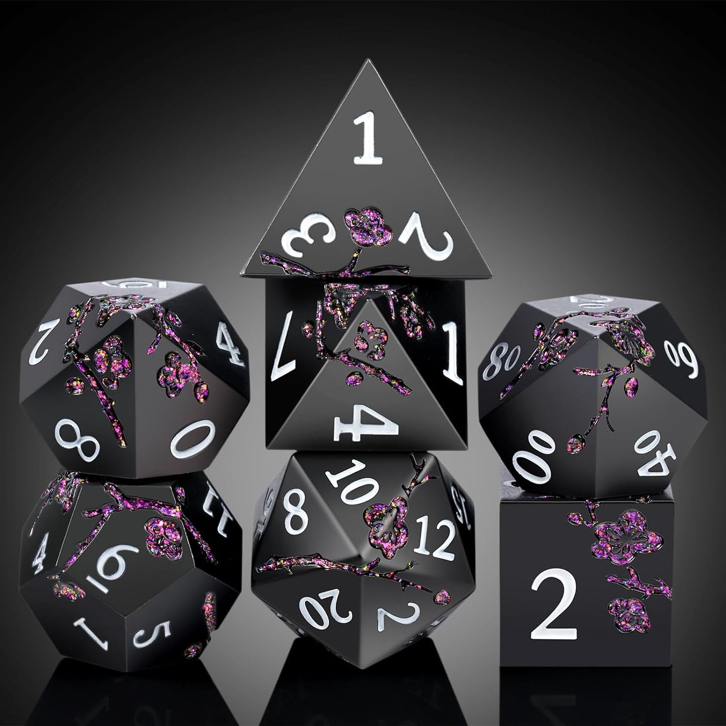 Glitter Purple Metal D&D Dice, DNDND 7 PCS Flower Metallic DND Dice Set with Gorgeous Gift Case for Dungeons and Dragon Tabletop Game (Matte Black with Glitter Purple Flower)