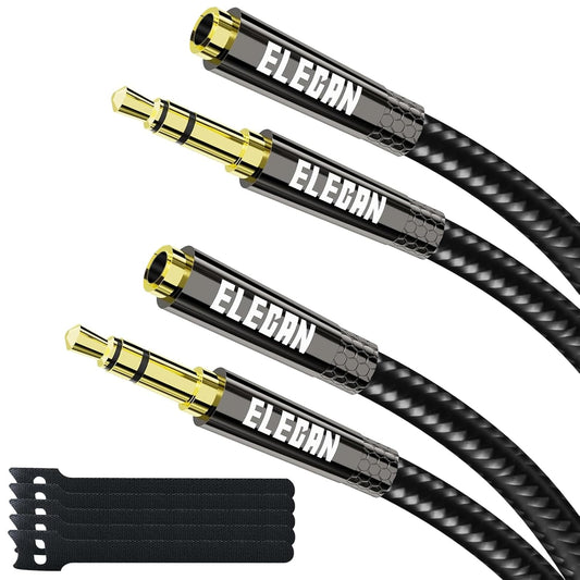 Elecan Headphone Extension Cable 1 Ft/2 Pack, 1/8 Inch 3.5 MM AUX Cord Wire Male to Female, Hi-Fi Sound Thin&Slim Braided TRS Stereo Audio Beats Cable Extender for Car,Home Stereos, Speaker,Phones