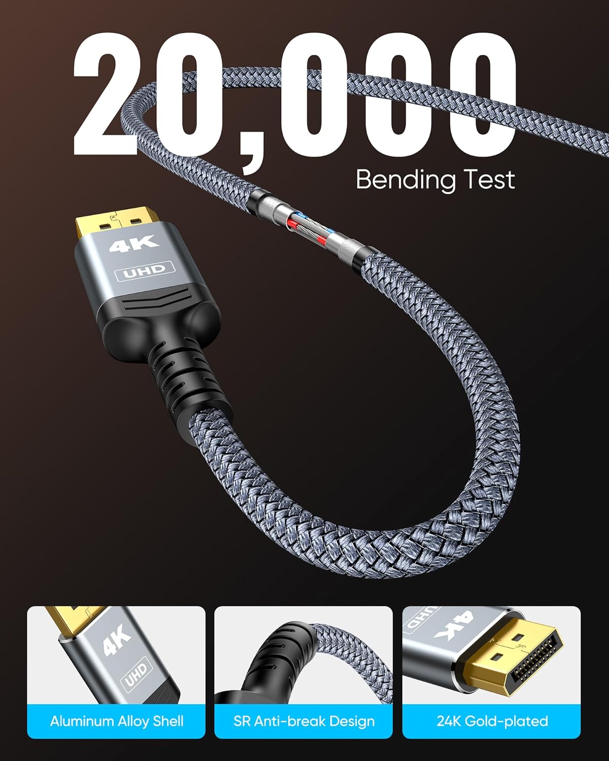 Highwings 4K DisplayPort to HDMI, 10ft Uni-Directional DP (Source) to HDMI (Display) 1.4 Cable, 4K@30Hz, 2K@60Hz, 1080P Full HD, Braided Cord for Dell, NVIDIA, AMD, Monitor, Projector (Grey)