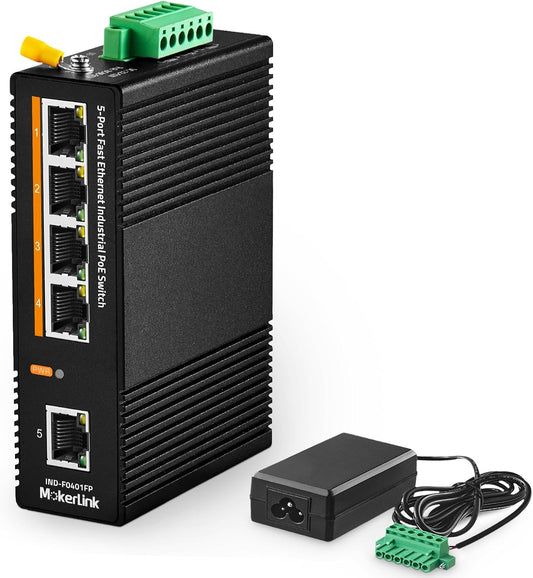 MokerLink 5 Port PoE Industrial DIN-Rail Network Switch, 60W IEEE802.3af/at PoE Power, 10/100Mbps Fast Ethernet, IP40 Rated Network Switch (-40 to 185°F), with UL Power Supply