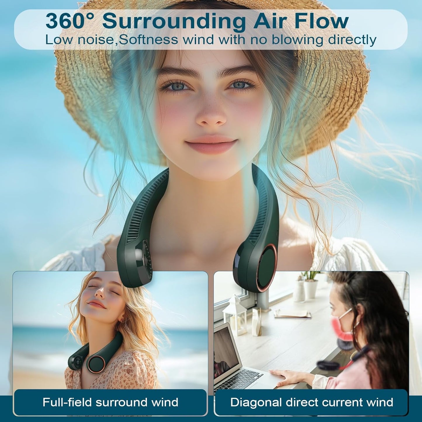 CIVPOWER Neck Fan: Portable Personal Neck Cooling Rechargeable Bladeless Fan - Hands Free 3 Speed 4000 mAh Battery USB Operated Wearable Headphone Design - for Men Women Outdoor Indoor (Dark Green)