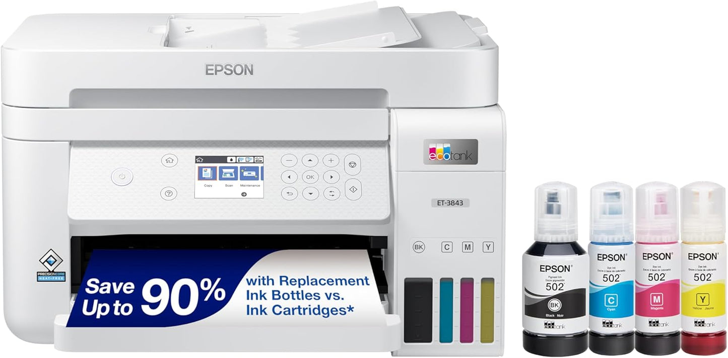 Epson EcoTank ET-3843 Wireless Color All-in-One Cartridge-Free Supertank Printer with Scanner, Copier, ADF and Ethernet-for The Ultimate Home Office, White