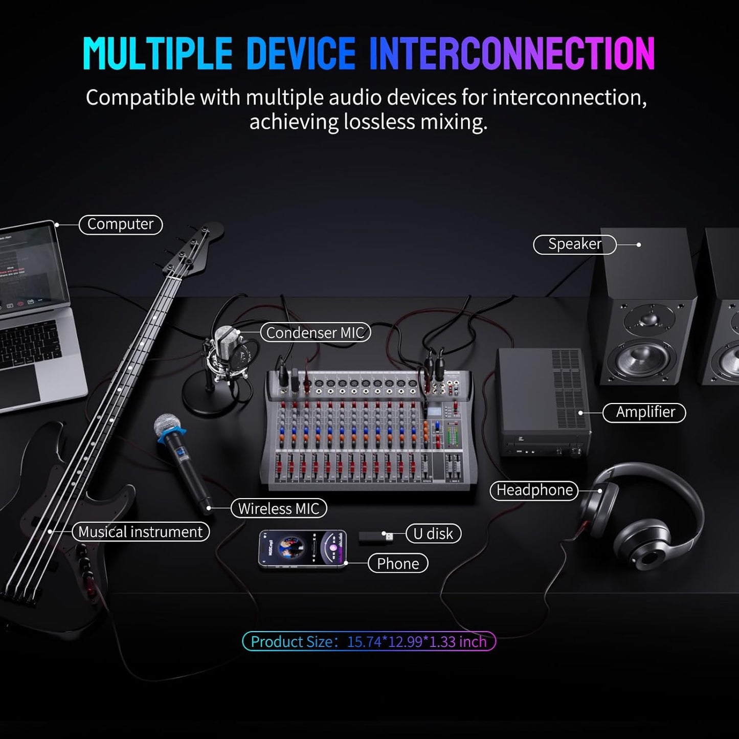 Professional DJ Audio Mixer, 12 Channel Audio Mixer, Bluetooth Sound Mixer, USB Interface, 12 XLR Mic/Line Input, AUX, FX Processor MP3, Headphone,+48V Phantom For Karaoke Studio Streaming Recording
